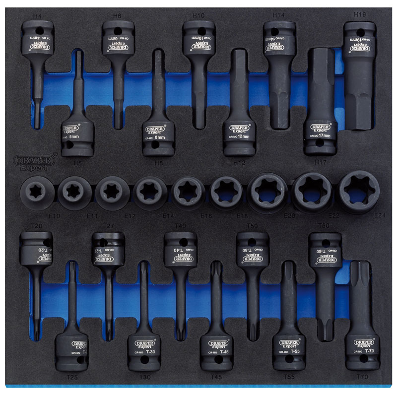 1/2" Sq. Dr. Impact Draper TX-STAR® and He x Socket Set in 1/2 Drawer EVA Insert Tray (28 Piece)