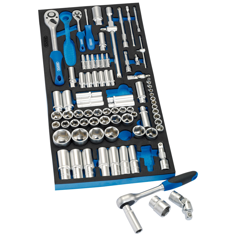 1/4", 3/8", and 1/2" Socket Set in Full Drawer EVA Insert Tray (84 Piece)