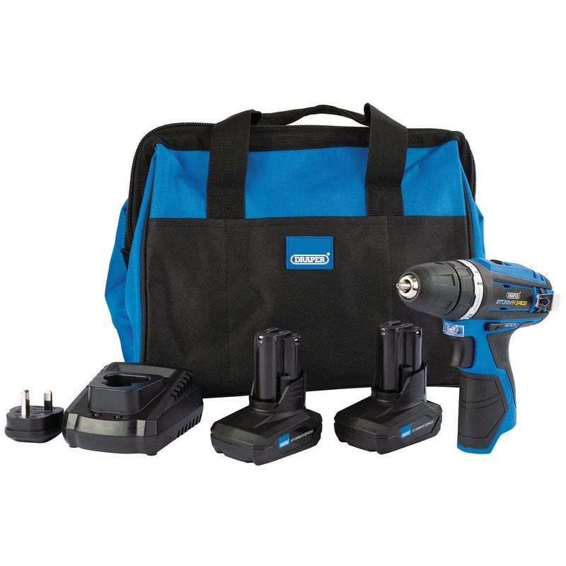 Draper Storm Force® 10.8V Power Interchange Rotary Drill Kit (+2 x 4Ah Batteries, Charger and Bag)