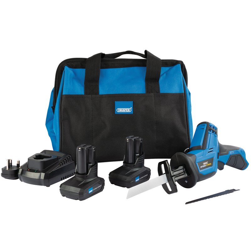 Draper Storm Force® 10.8V Power Interchange Reciprocating Saw Kit (+2 x 4Ah Batteries, Charger and Bag)