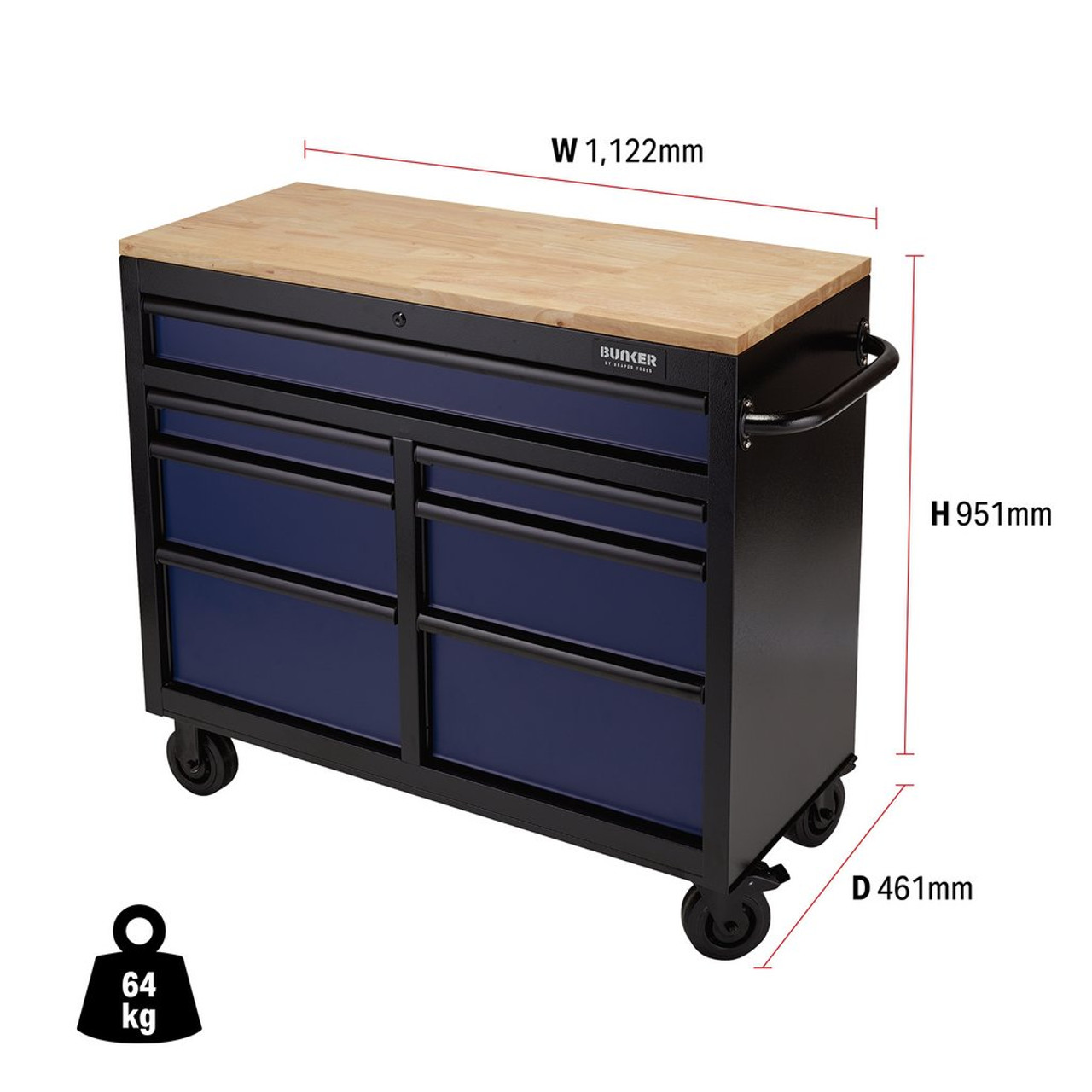 DRAPER BUNKER® Workbench Roller Tool Cabinet, 7 Drawer, 41", Blue - Image 2