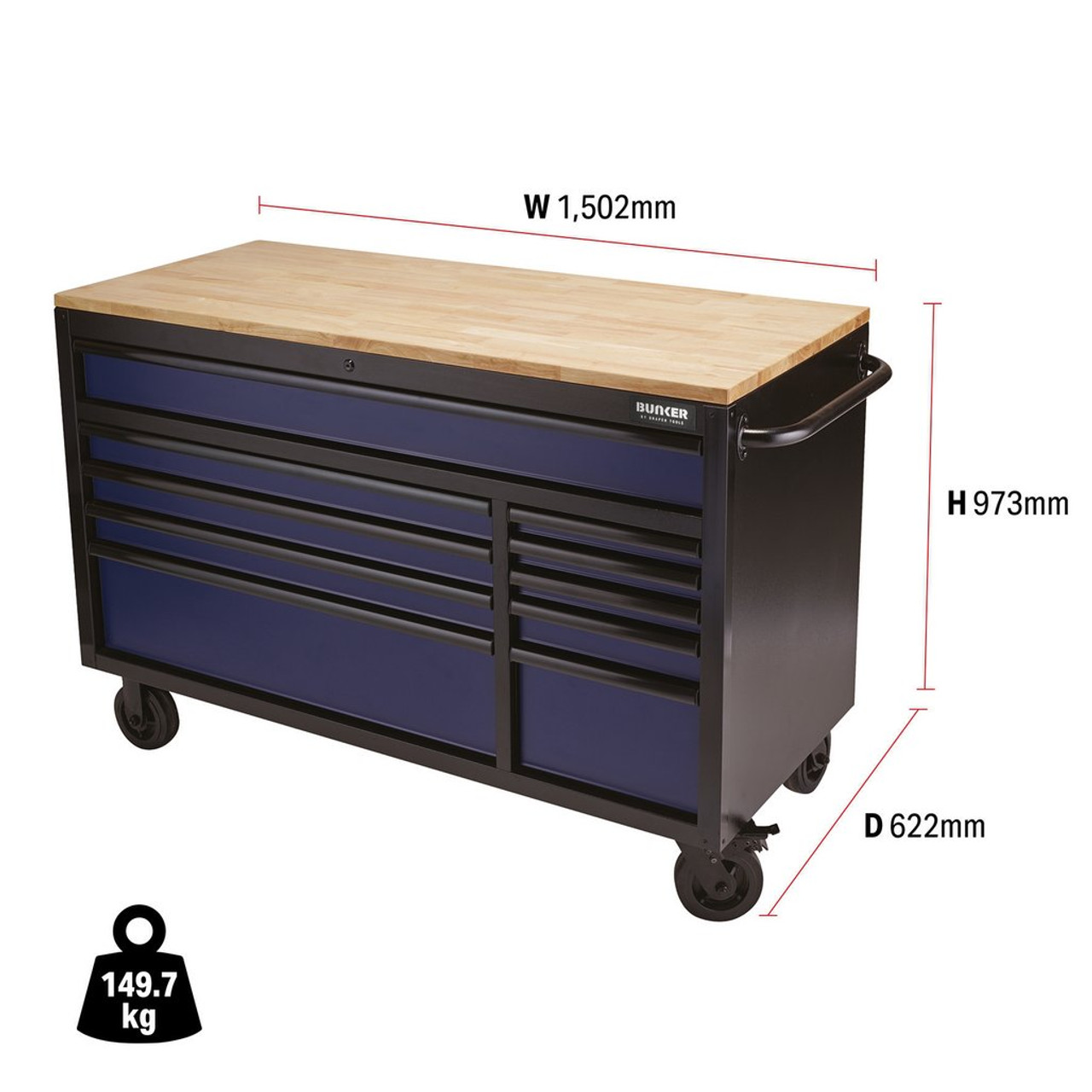DRAPER BUNKER® Workbench Roller Tool Cabinet, 10 Drawer, 56", Blue - Image 2